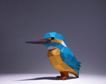 Königsfischer-Vogel-Papierhandwerk, digitale Vorlage, Origami, PDF-Download DIY, Low Poly, Trophäe, Skulptur, Königsfischer-Vogelmodell