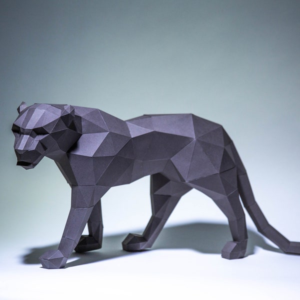 Schwarzer Panther Papiermodell, Digitale Vorlage, Origami, PDF Download DIY, Low Poly, Trophäe, Skulptur, Modell