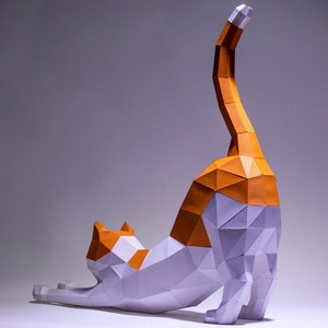 Cat Stretching Paper Craft, Digital Template, Origami, PDF Download DIY, Low Poly, Trophy, Sculpture, Cat Stretching Model image 3
