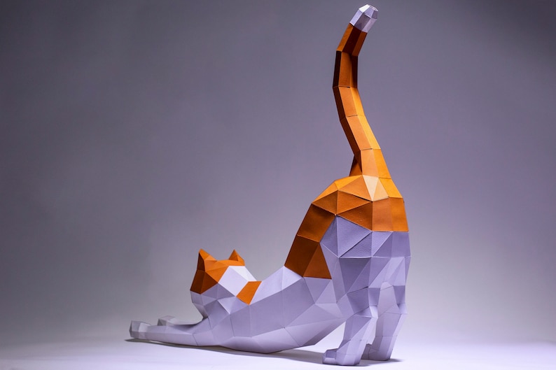 Cat Stretching Paper Craft, Digital Template, Origami, PDF Download DIY, Low Poly, Trophy, Sculpture, Cat Stretching Model image 3