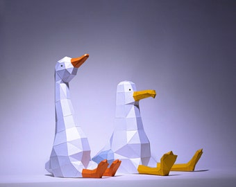 Gans sitzen und Möwe sitzen Papiermodell, Digitale Vorlage, Origami, PDF Download DIY, Low Poly, Trophäe, Skulptur