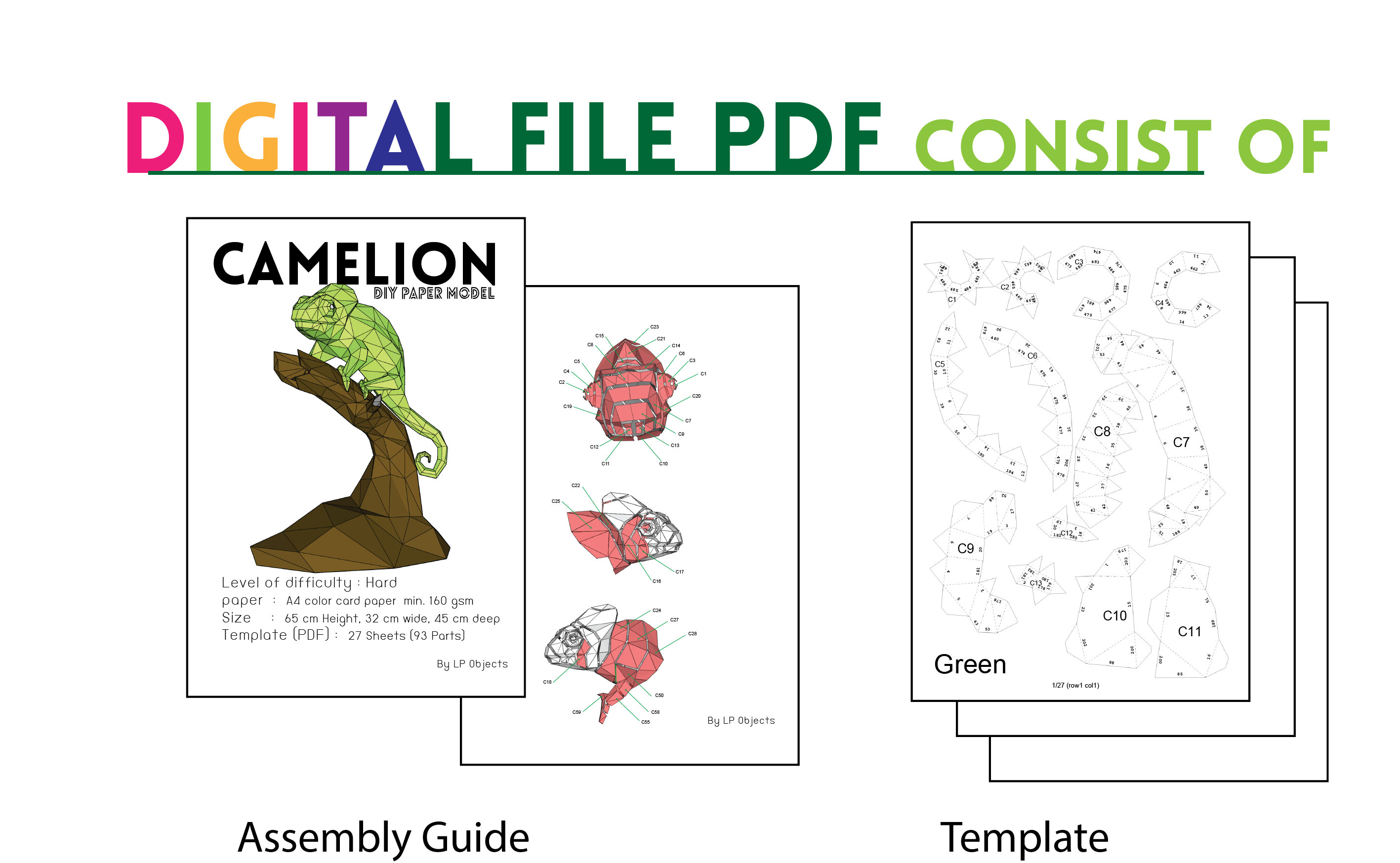 Chameleon Paper Craft, Digital Template, Origami, PDF