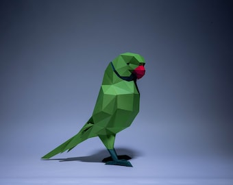 Papegojgrönt papperspyssel, digital mall, origami, PDF-nedladdning DIY, låg poly, trofé, skulptur, modell