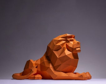 Artesanía de papel Lion Sit, Plantilla Digital, Origami, Descarga PDF DIY, Low Poly, Trofeo, Escultura, Modelo Lion Sit