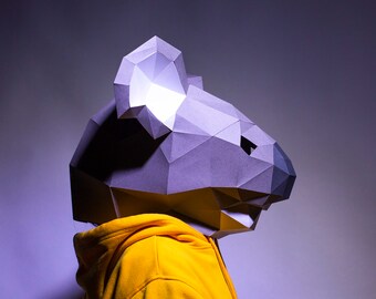 Masque Koala, Modèle de masque Papercraft, Origami, Téléchargement PDF DIY, Low Poly, Masque 3D