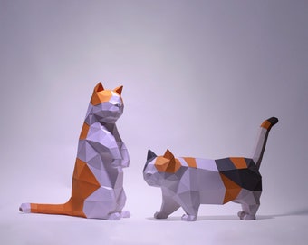 Munchkin Cats walking and Stand Up Paper Craft, Digital Template, Origami, PDF Download DIY, Low Poly, Sculpture, Munchkin Cats Model