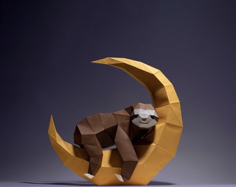 Moon Sloth Paper Craft, Digital Template, Origami, PDF Download DIY, Low Poly, Trophy, Sculpture, Moon Sloth Model