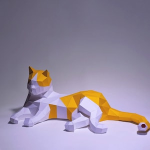Schlafende Katze Papiermodell, Digitale Vorlage, Origami, PDF Download DIY, Low Poly, Trophäe, Skulptur, Schlafende Katze Modell