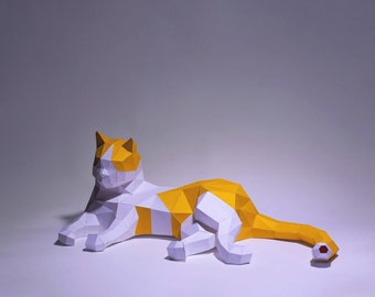 Cat Sleeping Paper Craft, Digital Template, Origami, PDF Download DIY, Low Poly, Trophy, Sculpture, Cat Sleeping Model