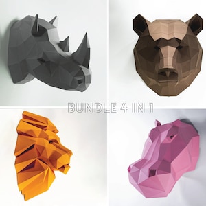 May include: A bundle of four papercraft animal head models. The models are a rhino, bear, lion, and hippopotamus. The rhino is gray, the bear is brown, the lion is orange, and the hippopotamus is pink. The models are all in a 3D style and are made of paper. The text "BUNDLE 4 IN 1" is in the center of the image.