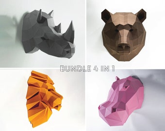 COMBO SET | Bear Head, Rhino Head, Paper Craft, Hippo Head , Lion Head, Digital Template, Origami, Low Poly, Wall decor