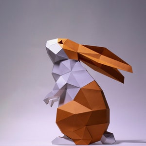 Coniglio coniglietto in piedi Mestiere con la carta, modello digitale, Origami, Scarica PDF Fai da te, Low Poly, Trofeo, Scultura, Modello di coniglio