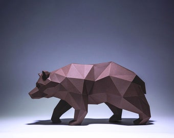 Björnpapperspyssel, digital mall, origami, PDF-nedladdning DIY, låg poly, trofé, skulptur, 3D-modell