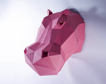 Hippo Head Paper Craft, Digital Template, Origami, PDF Download DIY, Low Poly, Wall Decor