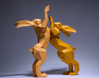 Rabbits Paper Craft, Digital Template, Origami, PDF Download DIY, Low Poly, Trophy, Sculpture, Model