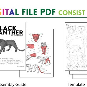 May include: A digital file PDF for a paper model of a black panther. The PDF includes an assembly guide and a template. The template is black and white and shows the different pieces of the model. The assembly guide is in color and shows how to put the model together. The model is easy to assemble and is suitable for ages 12 and up.