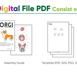 K&ouml;nnte beinhalten: Digitale PDF-Datei f&uuml;r ein Papiermodell eines Corgis. Die PDF enth&auml;lt eine Bauanleitung und Vorlagen in den Formaten PDF, SVG, PDO und DXF. Die Bauanleitung zeigt die verschiedenen Teile des Modells und wie man sie zusammensetzt. Die Vorlagen sind in Grau und zeigen die verschiedenen Teile des Modells.