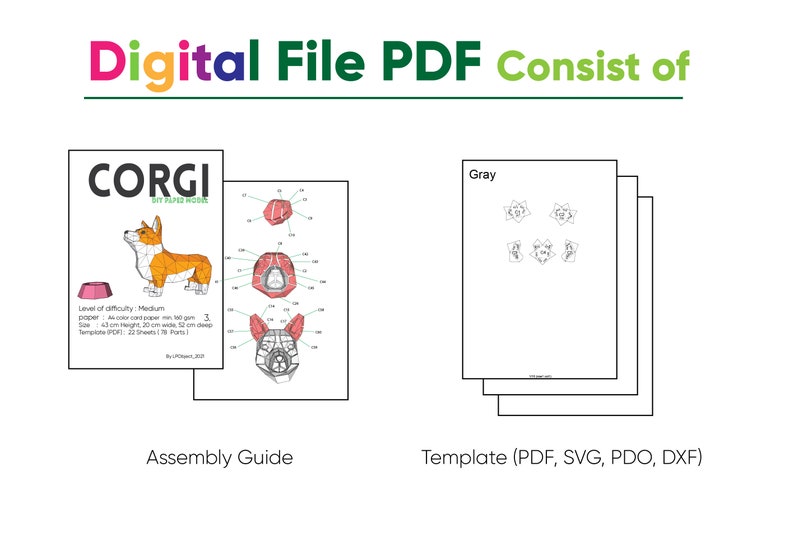 K&ouml;nnte beinhalten: Digitale PDF-Datei f&uuml;r ein Papiermodell eines Corgis. Die PDF enth&auml;lt eine Bauanleitung und Vorlagen in den Formaten PDF, SVG, PDO und DXF. Die Bauanleitung zeigt die verschiedenen Teile des Modells und wie man sie zusammensetzt. Die Vorlagen sind in Grau und zeigen die verschiedenen Teile des Modells.