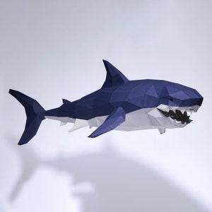 Shark Paper Craft, digitale sjabloon, origami, PDF-download DIY, laag poly, trofee, sculptuur, 3D-model