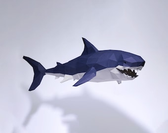 Manualidad de papel de tiburón, Plantilla digital, Origami, Descarga PDF DIY, Low Poly, Trofeo, Escultura, Modelo 3D