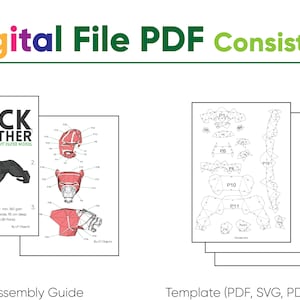 May include: Digital file PDF for a paper model of a black panther. The PDF includes an assembly guide and a template for the model. The template is available in PDF, SVG, PDO, and DXF formats.