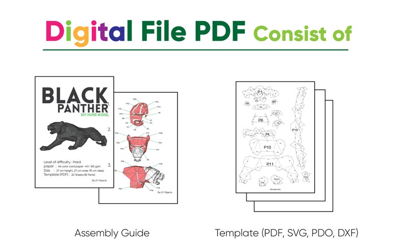 May include: Digital file PDF for a paper model of a black panther. The PDF includes an assembly guide and a template for the model. The template is available in PDF, SVG, PDO, and DXF formats.