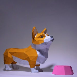 Mestiere con la carta Corgi, modello digitale, Origami, download PDF fai da te, Low Poly, trofeo, scultura, modello Corgi, modello di cane