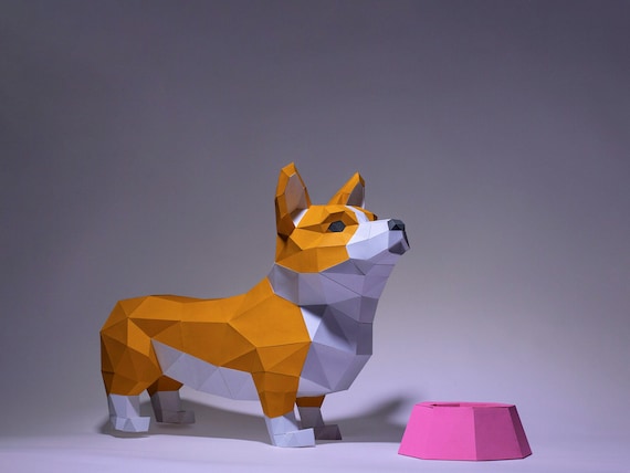 Corgi Paper Craft, Digital Template, Origami, PDF Download DIY, Low Poly, Trophy, Sculpture, Corgi Model ,Dog Model