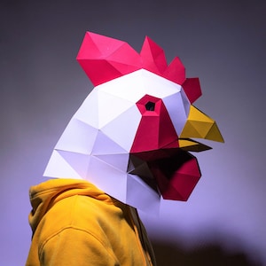 Rooster Mask, Mask Paper Craft, Digital Template, Origami, PDF Download DIY, Low Poly, Halloween
