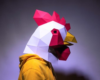 Rooster Mask, Mask Paper Craft, Digital Template, Origami, PDF Download DIY, Low Poly, Halloween