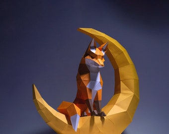 Moon Fox Paper Craft, Digital Template, Origami, PDF Download DIY, Low Poly, Trophy, Sculpture, Moon Fox Model