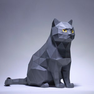 Gray Cat Paper Craft,  3D Paper craft Cat, DIY sculpture sitting cat, Low Poly animals pet, paper model, instant download kit pdf