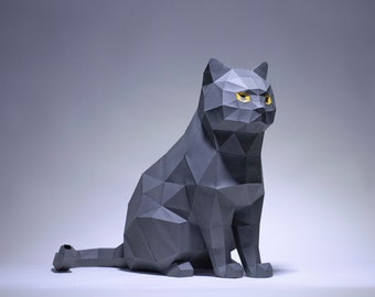 Gray Cat Paper Craft,  3D Paper craft Cat, DIY sculpture sitting cat, Low Poly animals pet, paper model, instant download kit pdf