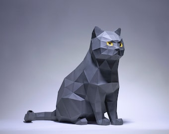 Artesanía de papel de gato gris, gato artesanal de papel 3D, escultura de bricolaje gato sentado, mascota de animales Low Poly, modelo de papel, kit de descarga instantánea pdf