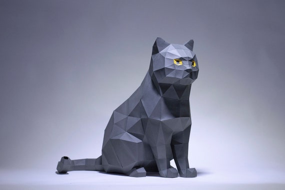 Gray Cat Paper Craft,  3D Paper craft Cat, DIY sculpture sitting cat, Low Poly animals pet, paper model, instant download kit pdf