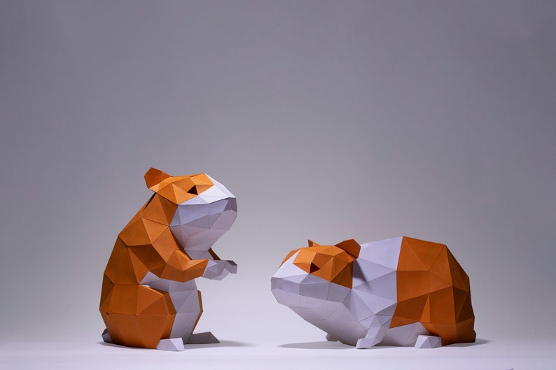 Hamsters Paper Craft, Digital Template, Origami, PDF Download DIY, Low Poly, Trophy, Sculpture, Hamsters Model image 2