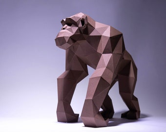 Artisanat en papier chimpanzé, Modèle numérique, Origami, Téléchargement PDF DIY, Low Poly, Trophée, Sculpture, Modèle, Modèle de singe