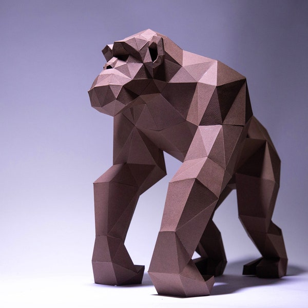 Schimpanse Papier Handwerk, digitale Vorlage, Origami, PDF Download DIY, Low Poly, Trophäe, Skulptur, Modell, Affenmodell