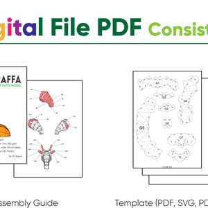 Op de afbeelding: Digitaal bestand PDF voor een papieren giraffenmodel. De PDF bevat een sjabloon met genummerde onderdelen en een montagehandleiding met instructies. De giraffe is oranje en heeft een geometrisch ontwerp.
