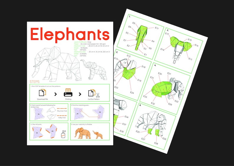 Elephant Paper Model Layout Elephants Digital Template, Elephants PDF Paper Craft, Elephants ...