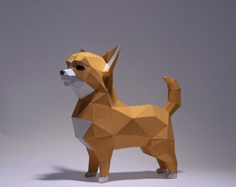 Chihuahua Dog Paper Craft, Digital Template, Origami, PDF Download DIY, Low Poly, Trophy, Sculpture, Chihuahua Model
