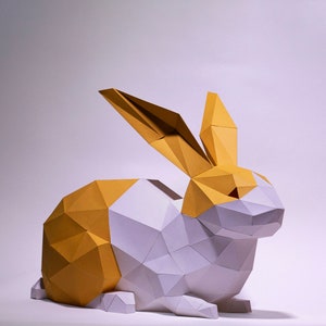 Bunny Sitting Paper Craft, Digital Template, Origami, PDF Download DIY, Low Poly, Trophy, Sculpture, Rabbit Model