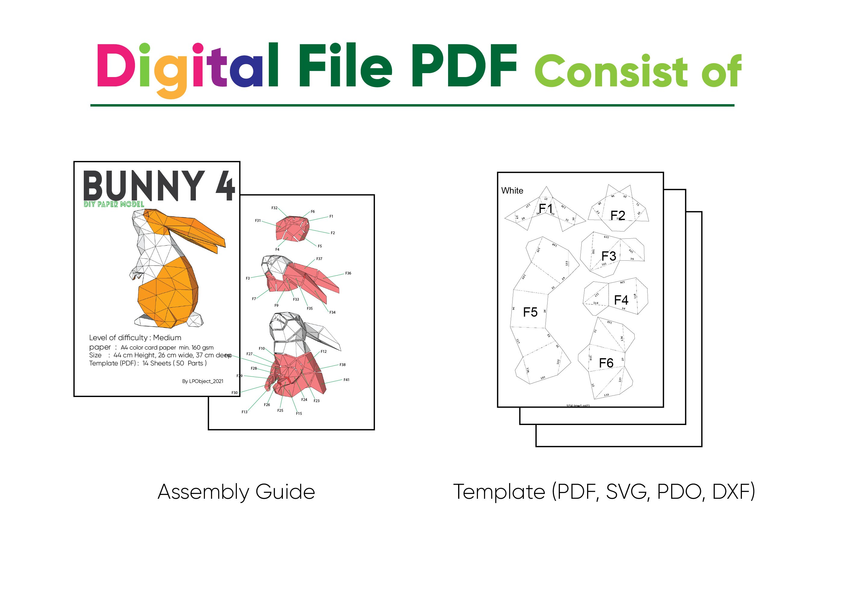 Rabbit-PaperCutting-ページ Bunny Rabbit Standing up Paper Craft, Digital Template, Origami