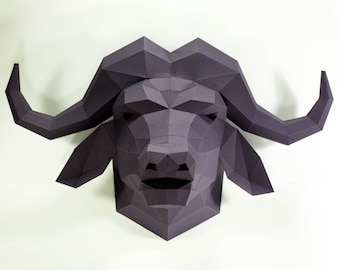 Büffelkopf Papiermodell, Digitale Vorlage, Origami, PDF Download DIY, Low Poly