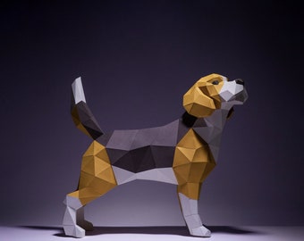 Beagle Dog Paper Craft, Plantilla Digital, Origami, PDF Descargar DIY, Low Poly, Trofeo, Escultura, Modelo