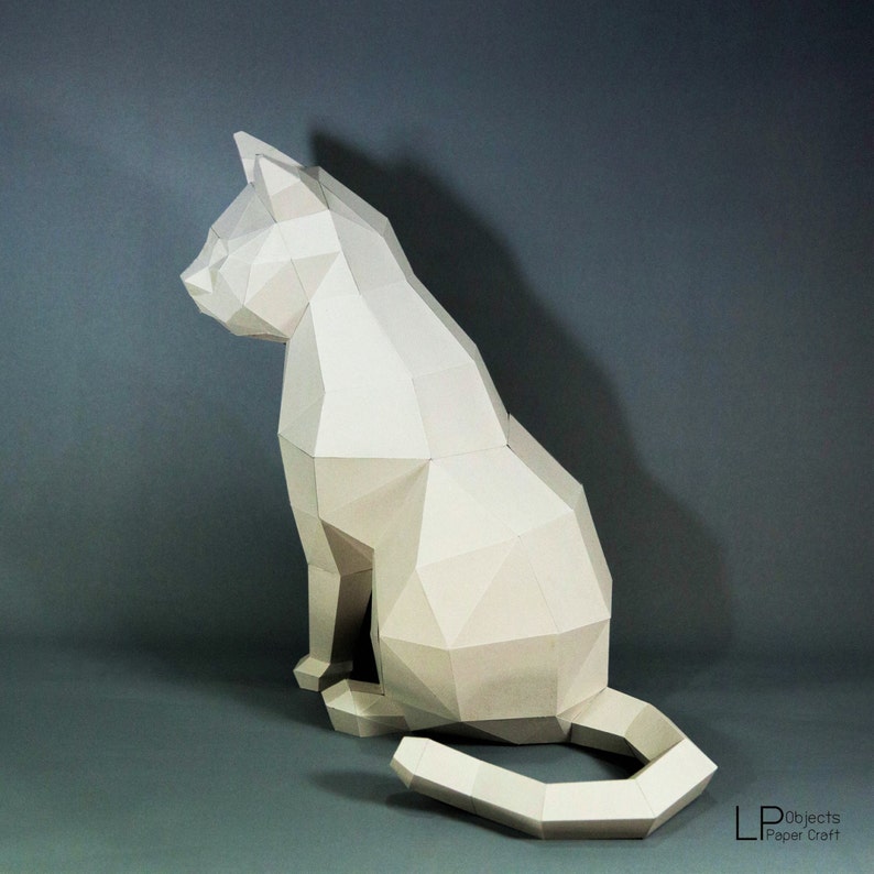 Cat Paper Craft, Digital Template, Origami, PDF Download DIY, Low Poly, Trophy, Sculpture, Model image 2