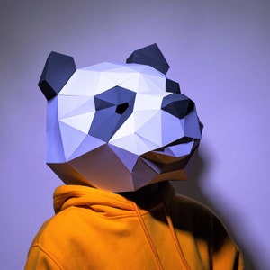 Máscara de panda, modelo de máscara de papercraft, origami, download de PDF DIY, Low Poly, máscara 3D