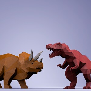 Digital mall för T-REX och Triceratops-dinosaurier, PDF-papperspyssel med dinosaurier, dinosaurieorigami, dinosauriemodell bild 3