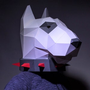 Bullterrier Maske Papier Handwerk, digitale Vorlage, Origami, PDF Download DIY, Low Poly, Halloween Maske, Hundemaske