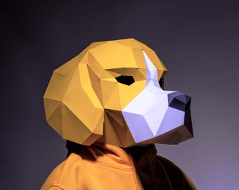 Máscara de Perro Beagle, Plantilla de Máscara Papercraft, Origami, Descarga PDF DIY, Low Poly, Máscara 3D